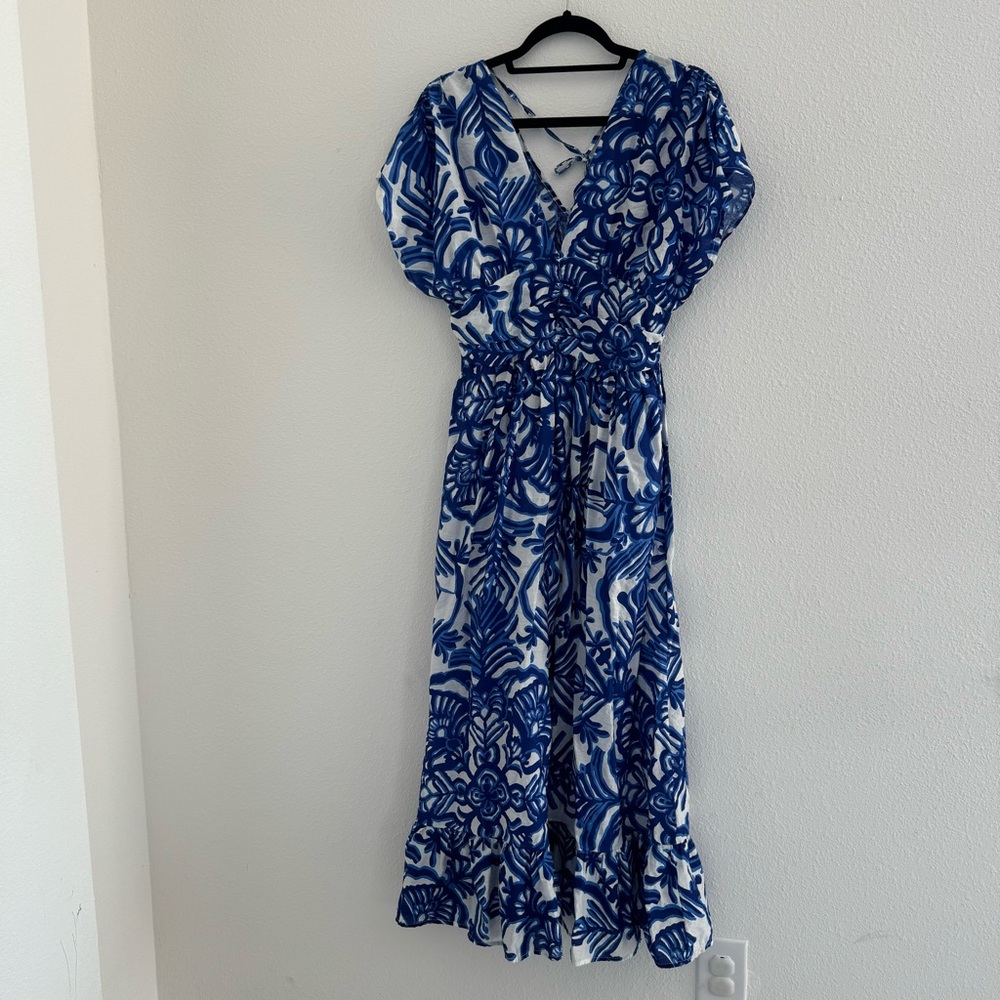 101 Idees Blue White Floral Print Maxi M/L Summer Beach V Neck Back Tie Dress